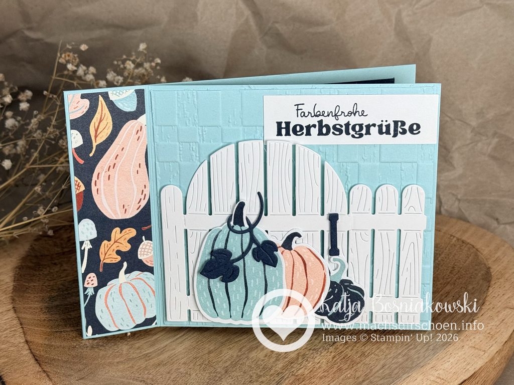 Book-Bind Explosion Fun-Fold Card mit Kürbissen und Holzzaun, gestaltet mit Stampin‘ Up! Kunstvolle Kürbisse